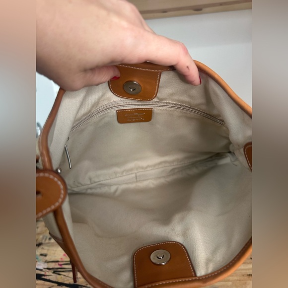 Salvatore Ferragamo Tan Italian Leather & Ivory Cream Canvas Shoulder Bag - Picture 5 of 11